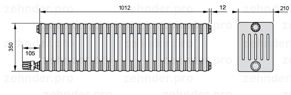 Схема (чертеж) Радиатор Zehnder Charleston 6035/22 №V003 Белый глянцевый RAL 9016